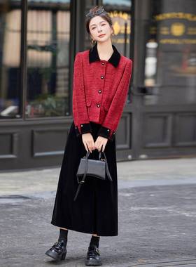 2风0225冬装新款小香高YF2632-1级名媛红色秋女气质外套半裙两件