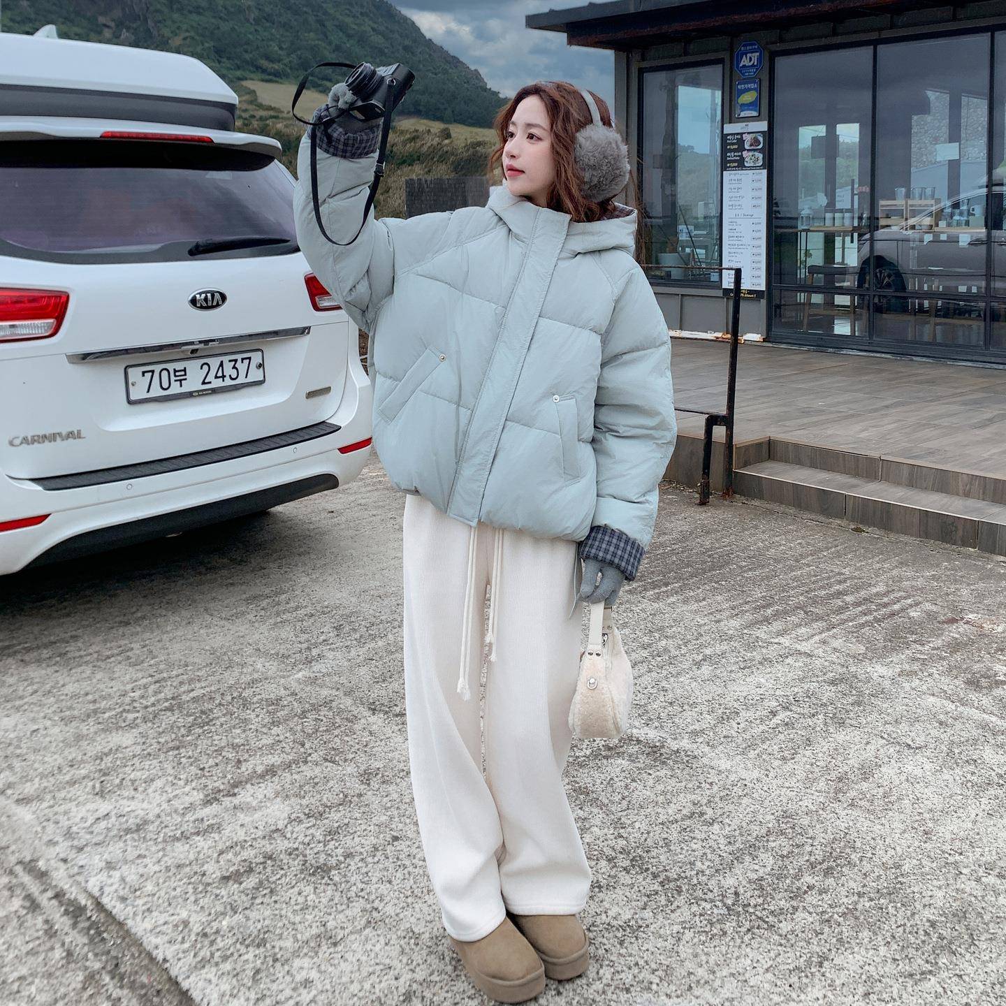 薄荷绿韩格系子拼接短款连帽绒服外套女冬羽季2502新款白鸭b171-X