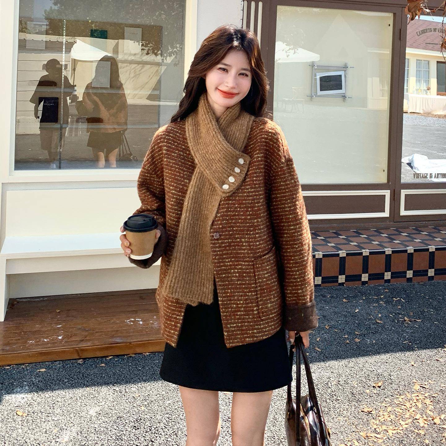 咖色复双古面羊外套2025年秋毛冬季新款时尚小个女C282-981子百搭