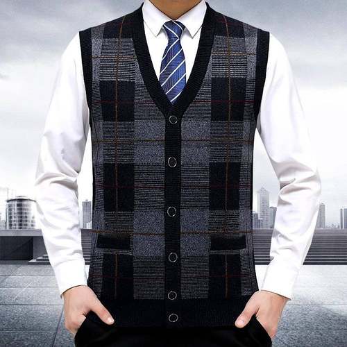 新款羊毛男中老XAJ年背休心开针织衫毛衫衣男士上衣春秋闲男式装