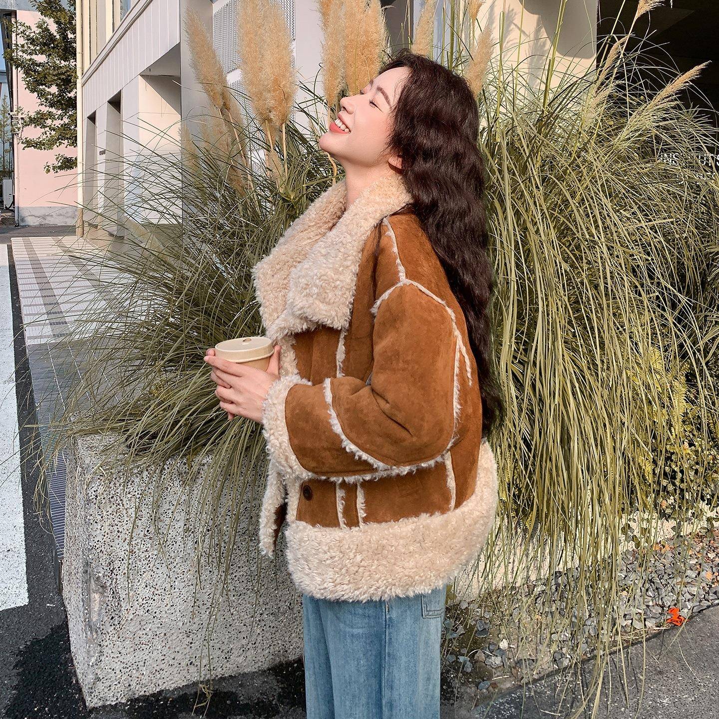 咖新复古羊色D122-274羔外套毛女短款款韩系减龄加厚保暖小个子仿