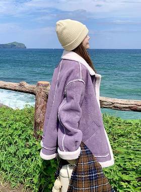 紫色仿皮毛一体羊羔外套女款2025冬新韩C282-663版松保宽暖毛加厚