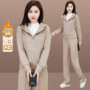 安拉红202可4运洋动套装女秋闲冬新款加绒连帽气开84231965衫加厚