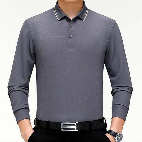 秋新男式长袖恤商务休闲翻领GAF桑蚕丝宽松中款年男士体季恤衫