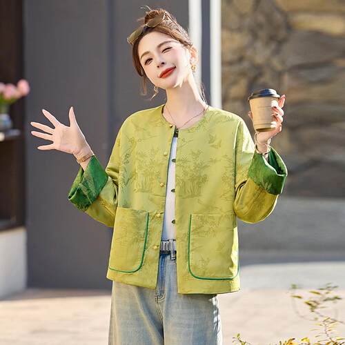新C8767-02品现套女货春季款复古新中式国新风印花双面穿外