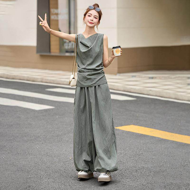 尚新休闲套装夏季款女装显瘦无袖上阔衣腿时裤两HE5047-0件套裤