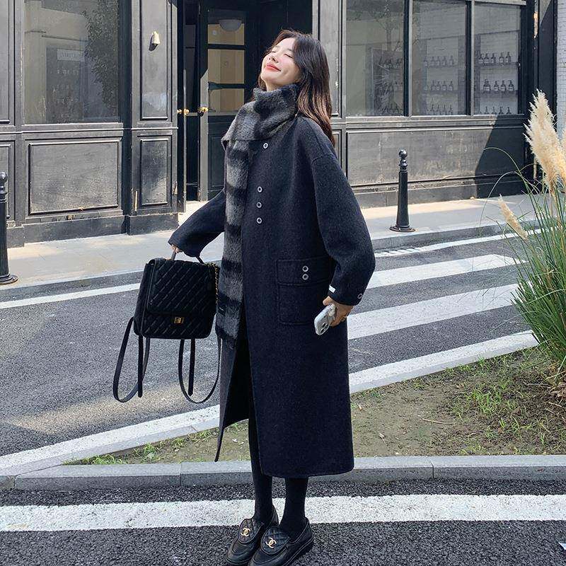 高级感新D014-100长款灰色双面羊绒大女2025冬秋款韩系围巾羊衣毛