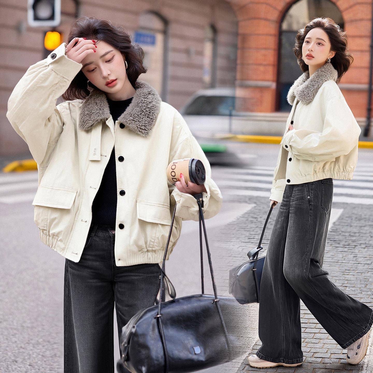 短款羽绒服女冬季高服级时尚洋气宽松显羊羔毛领感工装派ZAI20252