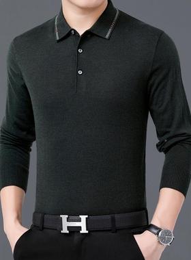 秋冬羊新款MIM毛男翻长袖恤薄款针织年休中领闲行政羊绒打底衫