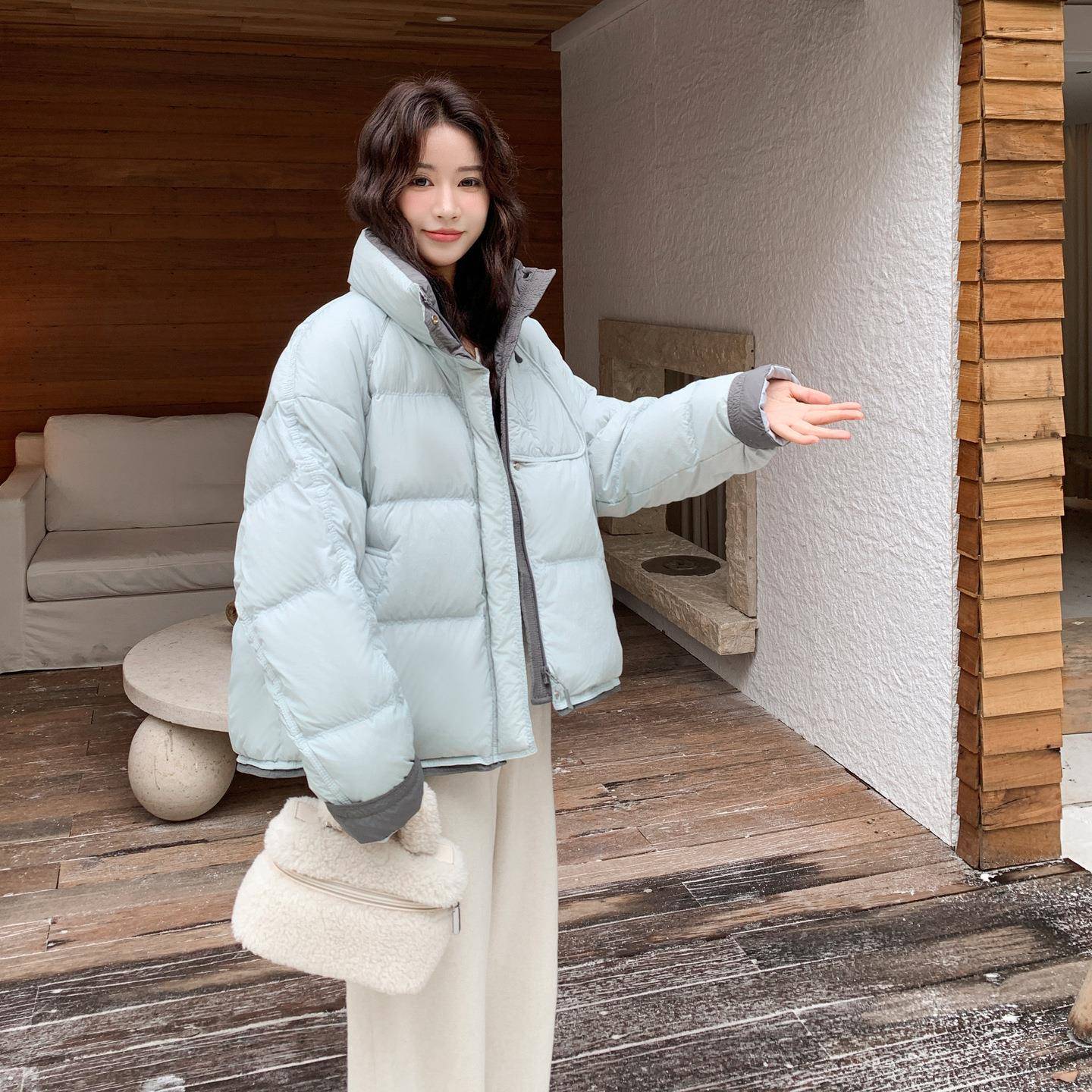 蓝c057-784韩版时尚短百搭防立领羽绒服女冬季2风025新款宽松保色