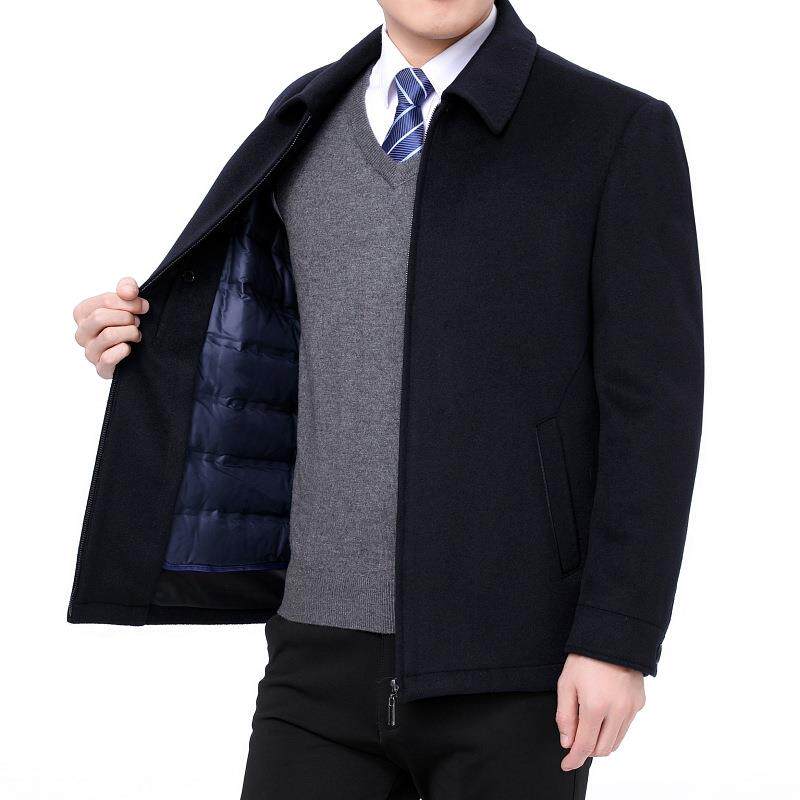 02冬装高档100%8803-L2全羊毛大衣2男中老年翻领加白鸭3绒内厚胆