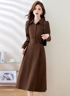 202SW18564秋季新款女装版韩翻领收腰系带质显瘦长款尚连衣裙时SW