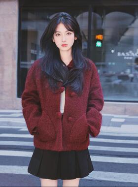 圣诞新年庆呢红色冬甜美减龄粗花圈圈呢子喜外套女新C021-310款小