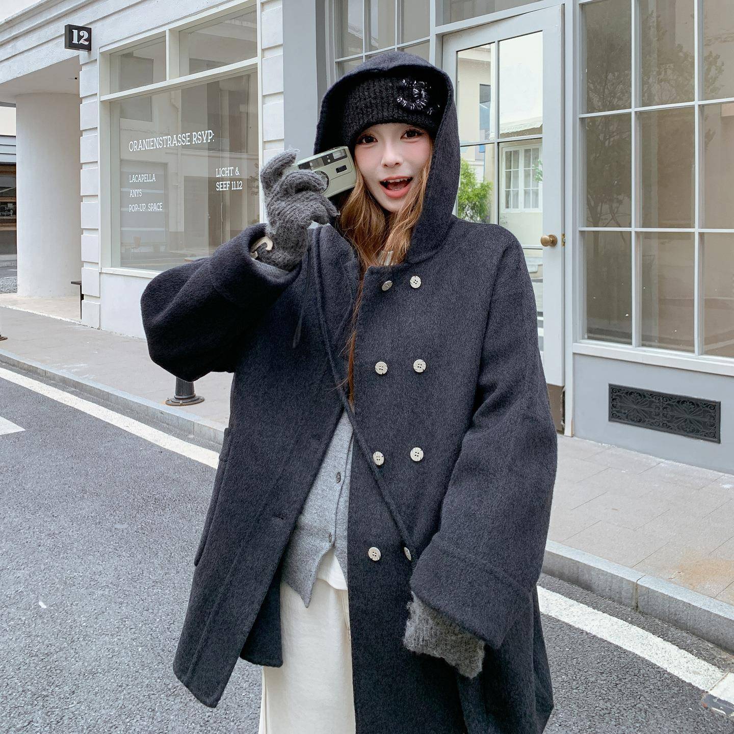 深色连帽双面羊绒羊大衣女2025冬C325-567季中长灰款韩系古复休闲