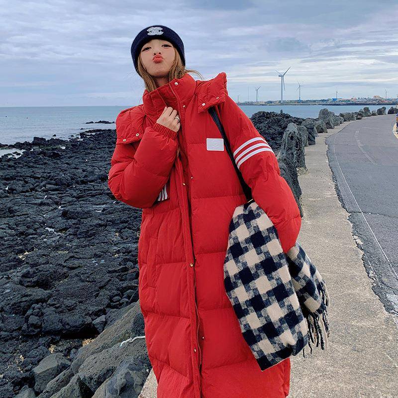 新年色超好看韩版白鸭B100-632绒红羽绒服外套女冬款长款厚过膝加