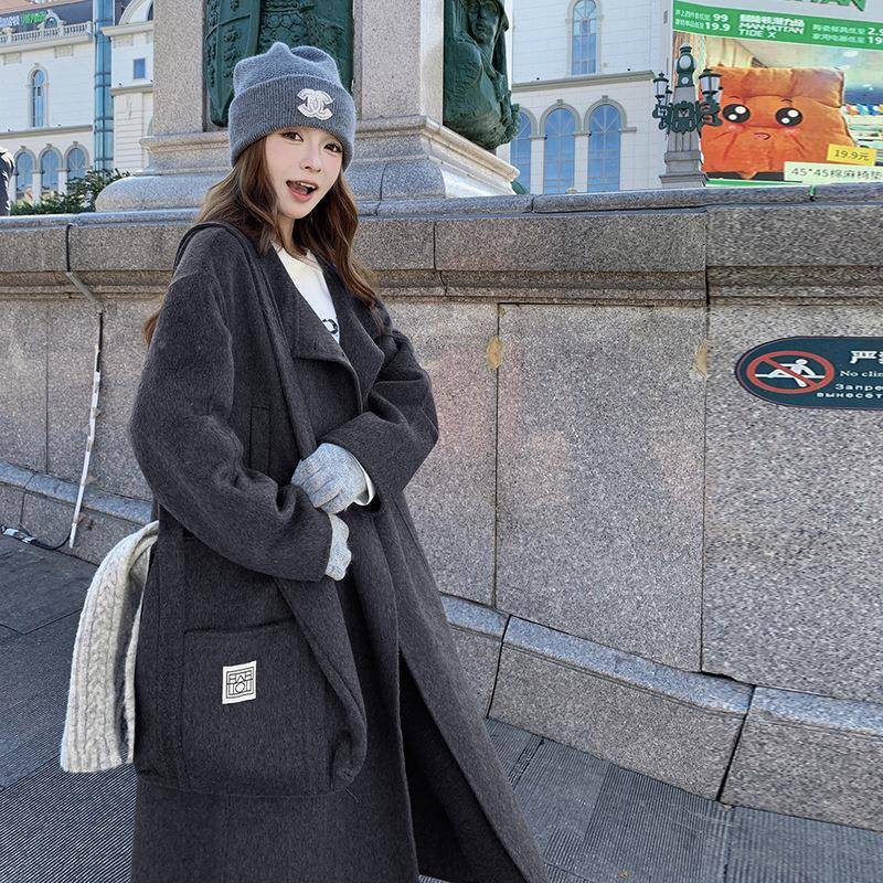 女灰色宽茧松型高级感羊毛C115-235双面呢子衣冬新款长过膝加厚毛