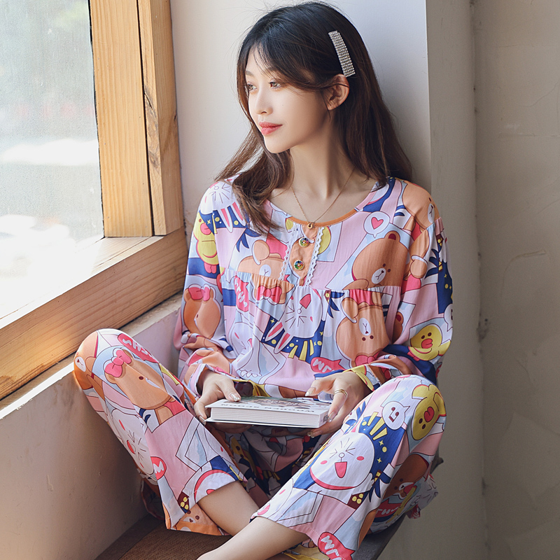春秋棉绸薄款睡衣套装女绵绸夏装人造棉长袖长裤两件