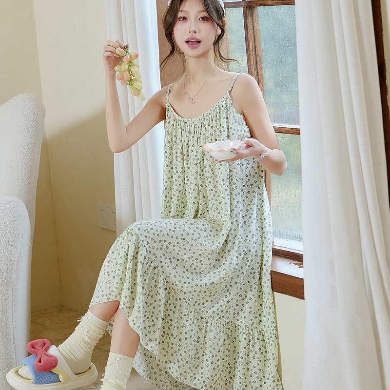怡伴韩版夏季吊带睡裙女夏天性感宽松棉绸睡衣肩带可调节中裙大码