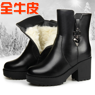 靴子女鞋冬加绒高跟皮毛一体短靴厚底雪地靴真皮羊毛妈妈棉鞋皮鞋