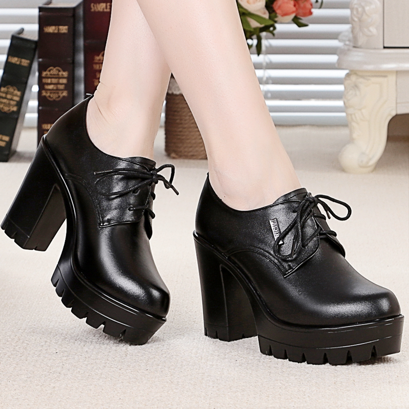 中年女士高跟鞋厚底系带皮鞋春秋