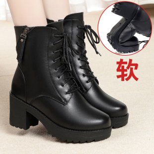 真皮马丁靴女款冬季加绒短靴新款厚底高跟全牛皮女靴加厚羊毛棉鞋