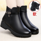 冬季 加绒皮鞋 羊毛冬鞋 全牛皮短靴女真皮坡跟平底妈妈棉鞋 大码 女靴