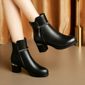 中年靴子羊毛鞋 妈妈鞋 子 女士棉鞋 冬鞋 冬季 加绒短靴女真皮中跟皮鞋