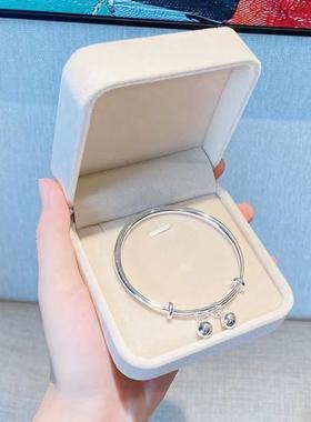 光面铃铛银手镯女纯银实心s9999足银手镯小众年轻款送女友生日礼