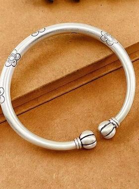 多福南瓜头银手镯女999纯银复古梅花开口足银贵妃镯子中国风银饰