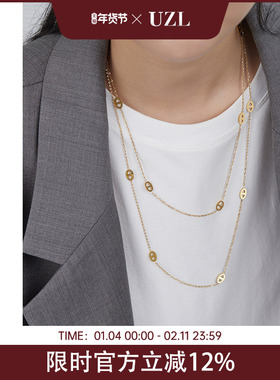 双层叠戴猪鼻子金色项链女长款