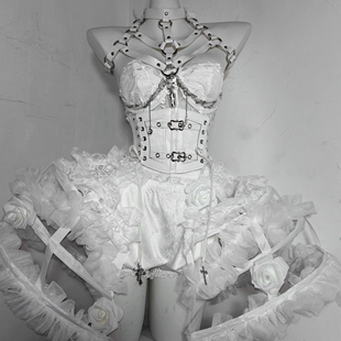 TDH原创纯白哥特肋骨造型鱼骨胸衣 立体蕾丝鸟笼短裙分体连衣裙
