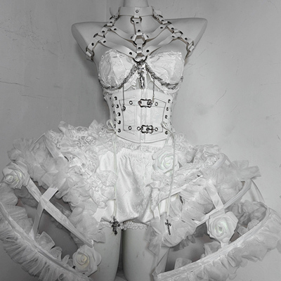 TDH原创纯白哥特肋骨造型鱼骨胸衣+立体蕾丝鸟笼短裙分体连衣裙