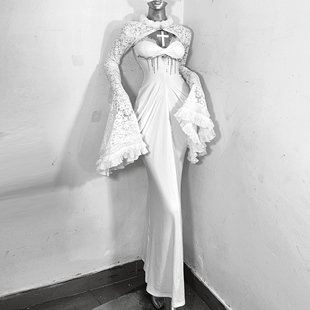 白龙 披肩外套礼服裙 TDH原创暗黑纯白哥特鱼尾造型连衣裙蕾丝水袖