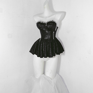 星语*TDH原创重工手作纯黑哥特爆闪亮片胸衣束身抹胸上衣平价礼服