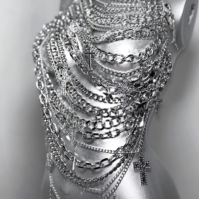 眼泪女王*TDH原创旷野爆闪银色十字架身体链条辣妹挂脖吊带短上衣