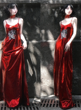 TDH原创*红色烫金波光粼粼连衣裙性感吊带长裙成人礼年会大摆礼服