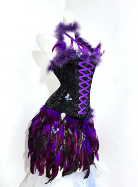 TDH原创手作暗黑紫色黑天鹅哥特鱼骨分体连衣裙束身胸衣+羽毛短裙