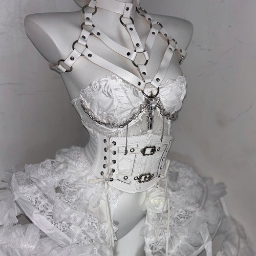 TDH原创*花骨重工手作纯白哥特暗黑绑带腰封鱼骨胸衣束身抹胸上衣