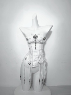 明星同款原创重工纯白哥特暗黑绑带抽绳胸衣鸟笼设计束身抹胸上衣