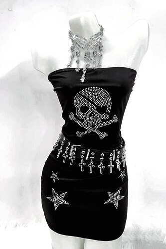 TDH原创亚文化暗黑骷髅钻连衣裙