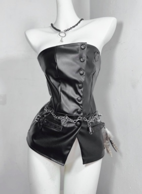 机械猫咪*TDH原创亚文化赛博朋克风紧身皮衣链条性感黑色辣妹套装