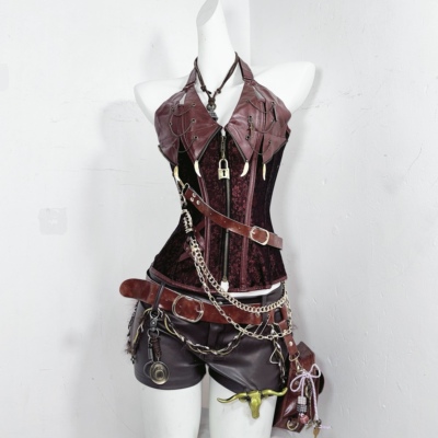 TDH原创*冒险家亚文化暗黑哥特风束身胸衣皮质腰包超短裤辣妹套装