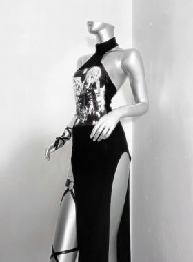 TDH原创*亚文化系列新中式改良旗袍黑白配色连衣长裙开衩性感礼服