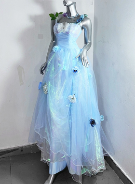天鹅湖*TDH原创梦幻公主蓝色波光粼粼蓬蓬纱裙平价婚纱礼服连衣裙