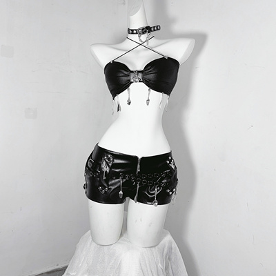 TDH原创*午夜茶话会亚文化黑化爱丽丝哥特上衣皮质超短裤辣妹套装