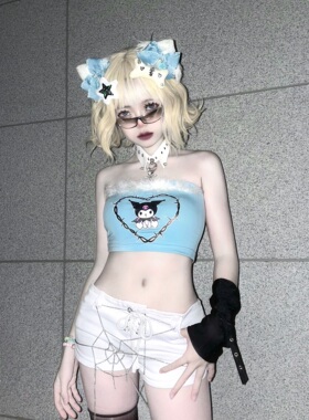 TDH原创*蝶豆花西米露昭和涩谷辣妹蓝色可爱兔子印花毛毛抹胸上衣