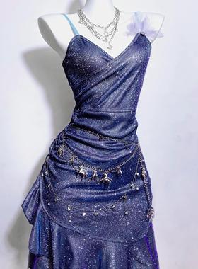 银河*TDH原创手作蓝偏光紫色昭和公主性感包臀鱼尾连衣裙爆闪礼服