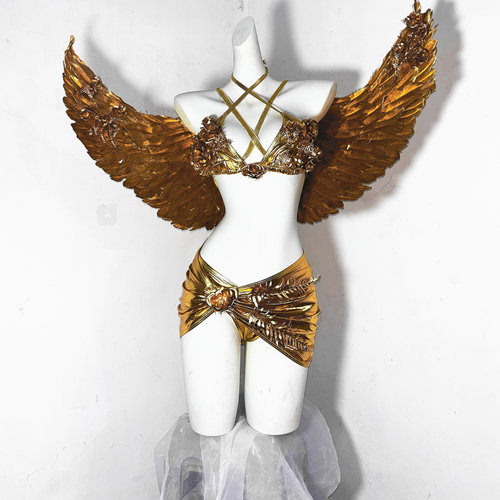 TDH原创*亚文化液态金属偏光油画感手缝花朵性感金色翅膀辣妹套装