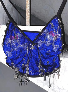 怪诞娃娃*TDH原创暗黑满钻蓝色极繁主义骷髅头金属链条吊带短上衣