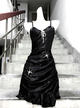 TDH原创*蜘蛛小妹暗黑亚文化爆闪连衣裙立体骷髅手作小礼服吊带裙